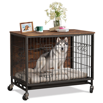 Garvee Dog Crate Furniture, Double Doors Wooden Dog Kennel Cage, 32.5" Indoor Dog Crate with Pull-Out Tray & Removable Wheels, Decorative End Table Pet House Chew-Resistant for Medium Dog, Brown