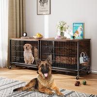 Garvee Dog Crate Furniture, Double Doors Wooden Dog Kennel Cage, 32.5" Indoor Dog Crate with Pull-Out Tray & Removable Wheels, Decorative End Table Pet House Chew-Resistant for Medium Dog, Brown