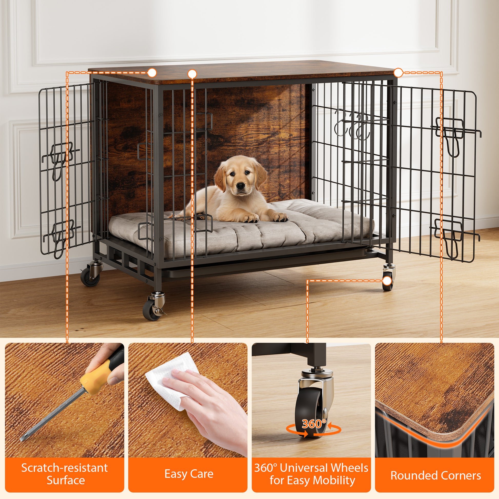 Garvee Dog Crate Furniture, Double Doors Wooden Dog Kennel Cage, 32.5" Indoor Dog Crate with Pull-Out Tray & Removable Wheels, Decorative End Table Pet House Chew-Resistant for Medium Dog, Brown