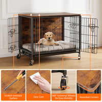 Garvee Dog Crate Furniture, Double Doors Wooden Dog Kennel Cage, 32.5" Indoor Dog Crate with Pull-Out Tray & Removable Wheels, Decorative End Table Pet House Chew-Resistant for Medium Dog, Brown