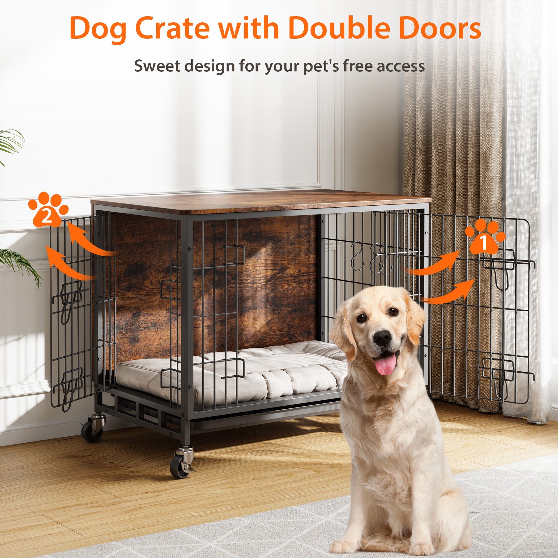 Garvee Dog Crate Furniture, Double Doors Wooden Dog Kennel Cage, 32.5" Indoor Dog Crate with Pull-Out Tray & Removable Wheels, Decorative End Table Pet House Chew-Resistant for Medium Dog, Brown