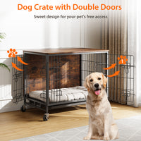Garvee Dog Crate Furniture, Double Doors Wooden Dog Kennel Cage, 32.5" Indoor Dog Crate with Pull-Out Tray & Removable Wheels, Decorative End Table Pet House Chew-Resistant for Medium Dog, Brown