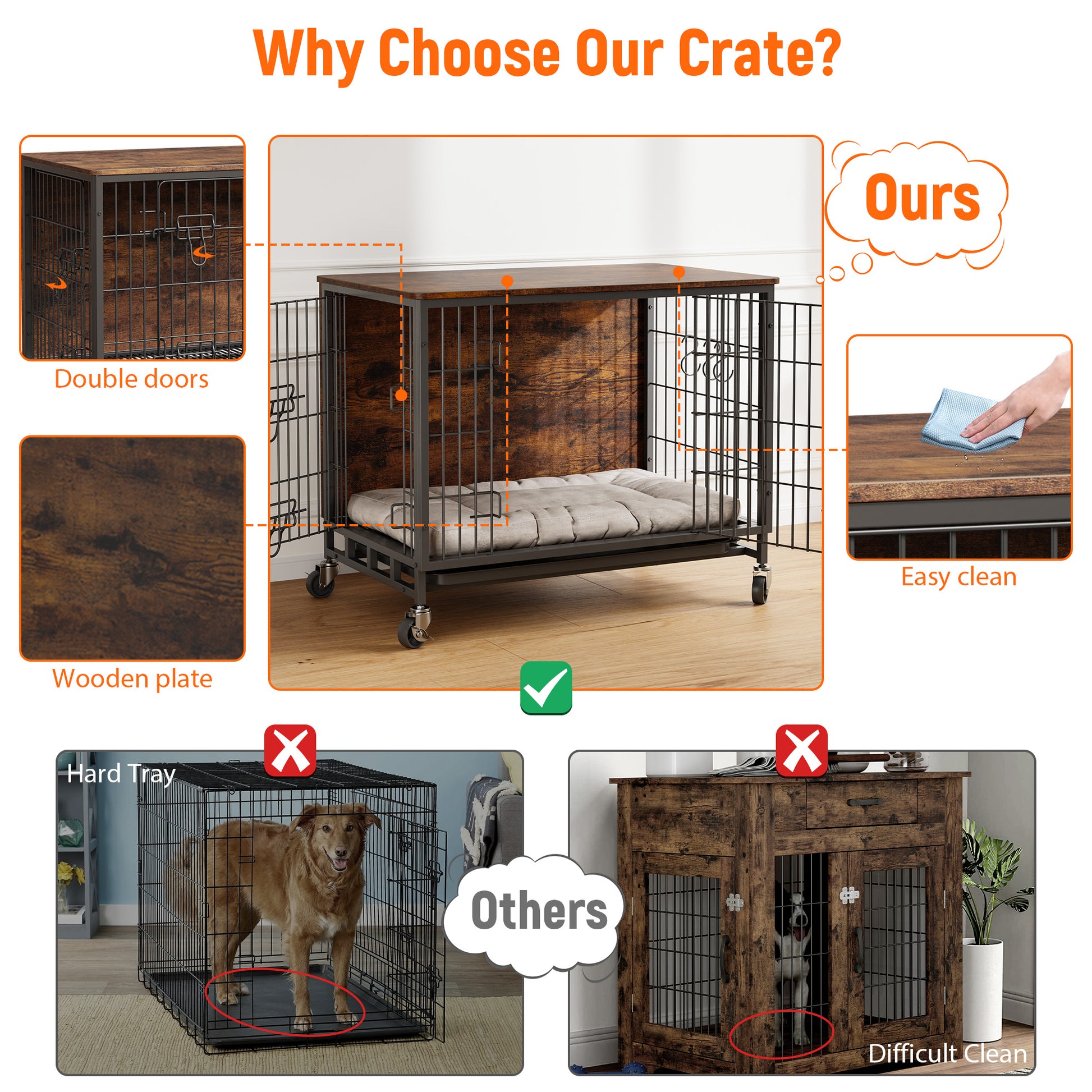 Garvee Dog Crate Furniture, Double Doors Wooden Dog Kennel Cage, 32.5" Indoor Dog Crate with Pull-Out Tray & Removable Wheels, Decorative End Table Pet House Chew-Resistant for Medium Dog, Brown