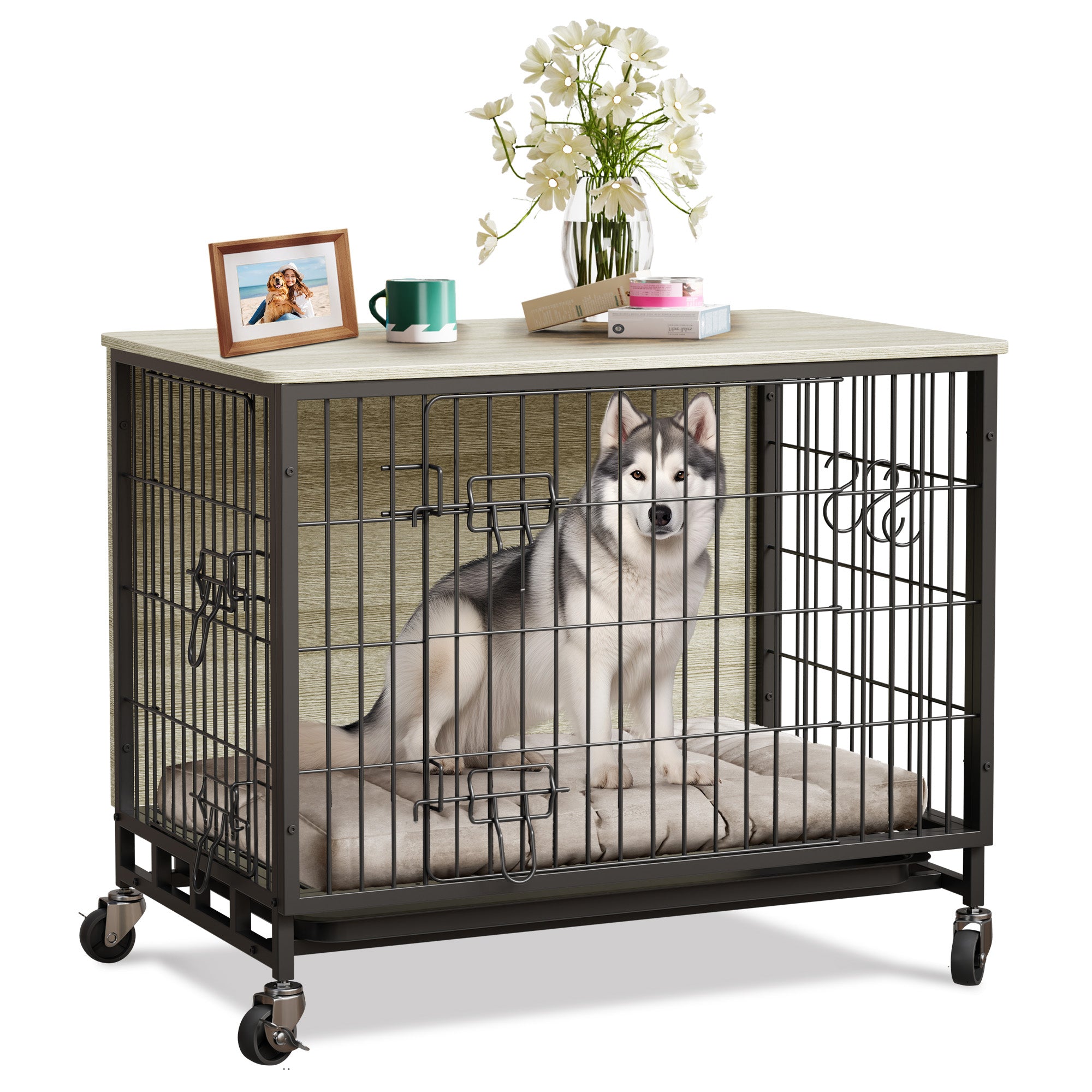 Garvee Dog Crate Furniture, Double Doors Wooden Dog Kennel Cage, 32.5" Indoor Dog Crate with Pull-Out Tray & Removable Wheels, Decorative End Table Pet House Chew-Resistant for Medium Dog, Grey