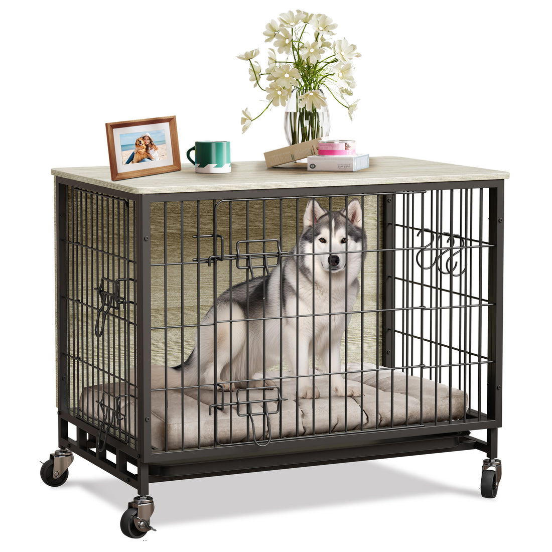Garvee Dog Crate Furniture, Double Doors Wooden Dog Kennel Cage, 32.5" Indoor Dog Crate with Pull-Out Tray & Removable Wheels, Decorative End Table Pet House Chew-Resistant for Medium Dog, Grey