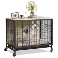 Garvee Dog Crate Furniture, Double Doors Wooden Dog Kennel Cage, 32.5" Indoor Dog Crate with Pull-Out Tray & Removable Wheels, Decorative End Table Pet House Chew-Resistant for Medium Dog, Grey