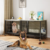 Garvee Dog Crate Furniture, Double Doors Wooden Dog Kennel Cage, 32.5" Indoor Dog Crate with Pull-Out Tray & Removable Wheels, Decorative End Table Pet House Chew-Resistant for Medium Dog, Grey