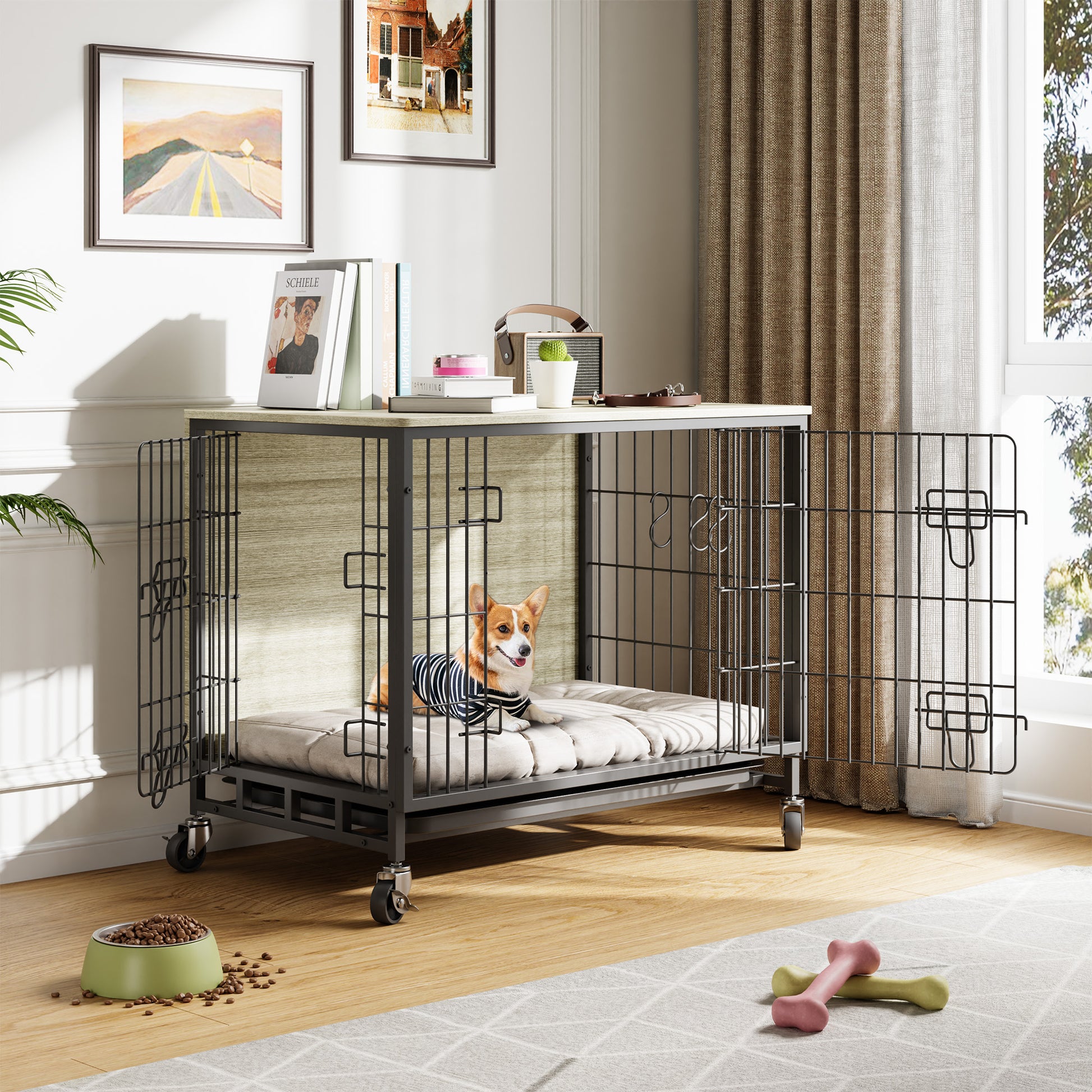 Garvee Dog Crate Furniture, Double Doors Wooden Dog Kennel Cage, 32.5" Indoor Dog Crate with Pull-Out Tray & Removable Wheels, Decorative End Table Pet House Chew-Resistant for Medium Dog, Grey