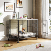 Garvee Dog Crate Furniture, Double Doors Wooden Dog Kennel Cage, 32.5" Indoor Dog Crate with Pull-Out Tray & Removable Wheels, Decorative End Table Pet House Chew-Resistant for Medium Dog, Grey