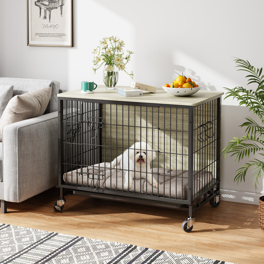 Garvee Dog Crate Furniture, Double Doors Wooden Dog Kennel Cage, 32.5" Indoor Dog Crate with Pull-Out Tray & Removable Wheels, Decorative End Table Pet House Chew-Resistant for Medium Dog, Grey