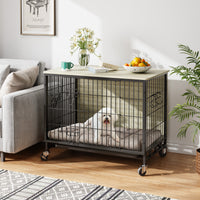 Garvee Dog Crate Furniture, Double Doors Wooden Dog Kennel Cage, 32.5" Indoor Dog Crate with Pull-Out Tray & Removable Wheels, Decorative End Table Pet House Chew-Resistant for Medium Dog, Grey