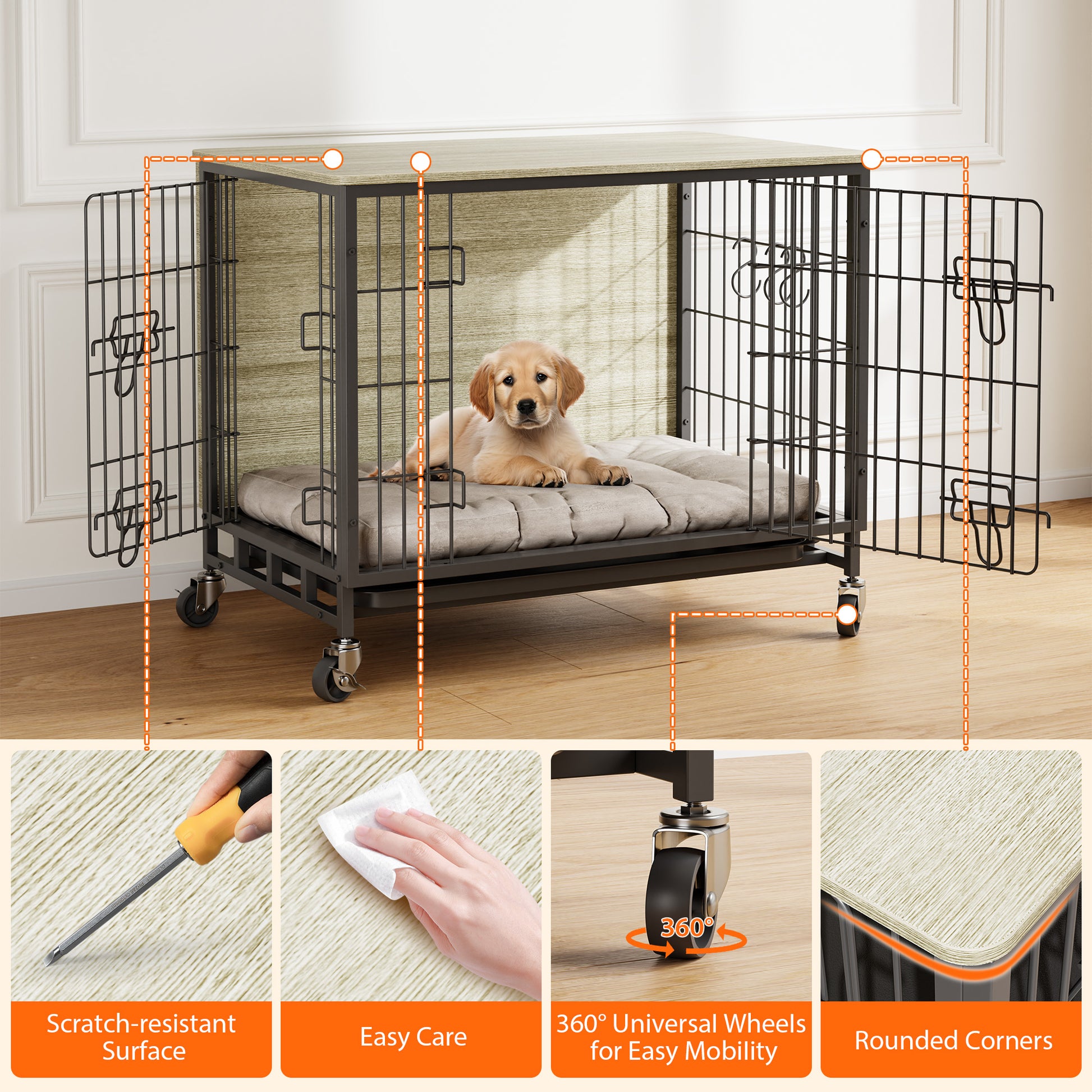 Garvee Dog Crate Furniture, Double Doors Wooden Dog Kennel Cage, 32.5" Indoor Dog Crate with Pull-Out Tray & Removable Wheels, Decorative End Table Pet House Chew-Resistant for Medium Dog, Grey