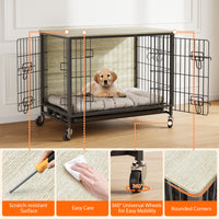 Garvee Dog Crate Furniture, Double Doors Wooden Dog Kennel Cage, 32.5" Indoor Dog Crate with Pull-Out Tray & Removable Wheels, Decorative End Table Pet House Chew-Resistant for Medium Dog, Grey