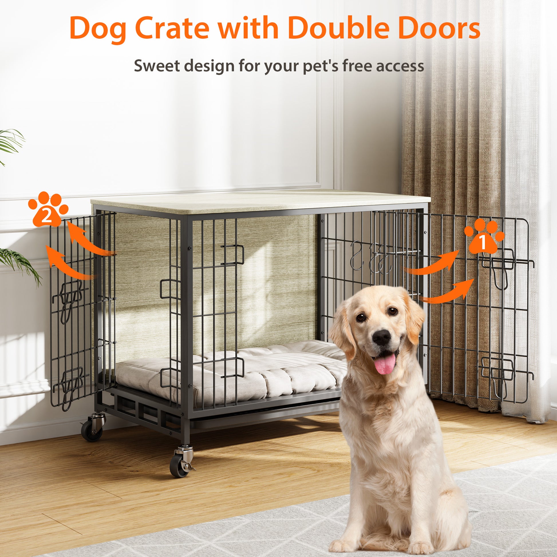 Garvee Dog Crate Furniture, Double Doors Wooden Dog Kennel Cage, 32.5" Indoor Dog Crate with Pull-Out Tray & Removable Wheels, Decorative End Table Pet House Chew-Resistant for Medium Dog, Grey