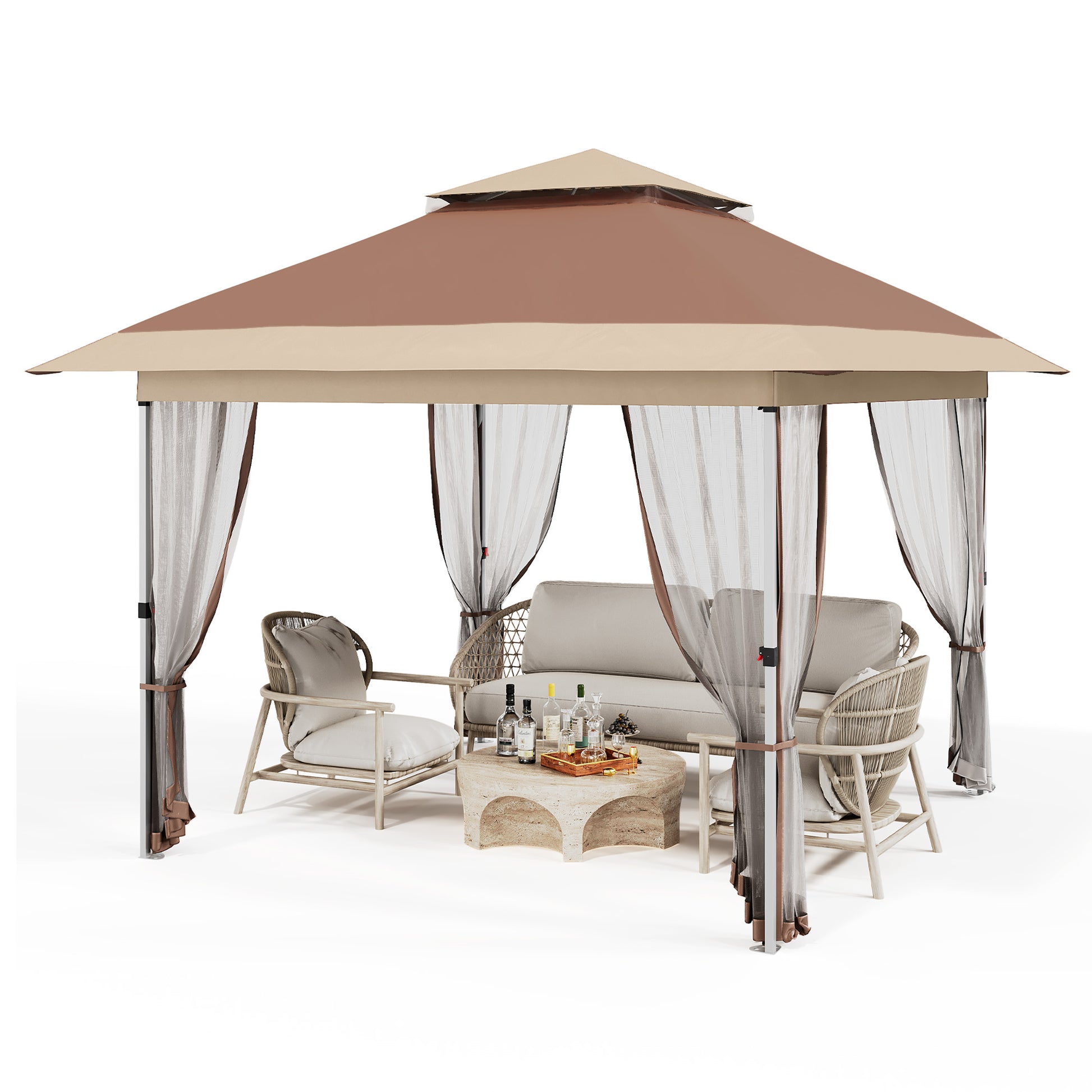 Garvee 10'x10' Instant Pop Up Gazebo Canopy Tent - Waterproof & UV Protection with Mosquito Net & Curtains - Heavy Duty Steel Frame for Patio, Backyard, Camping, Brown&Khaki