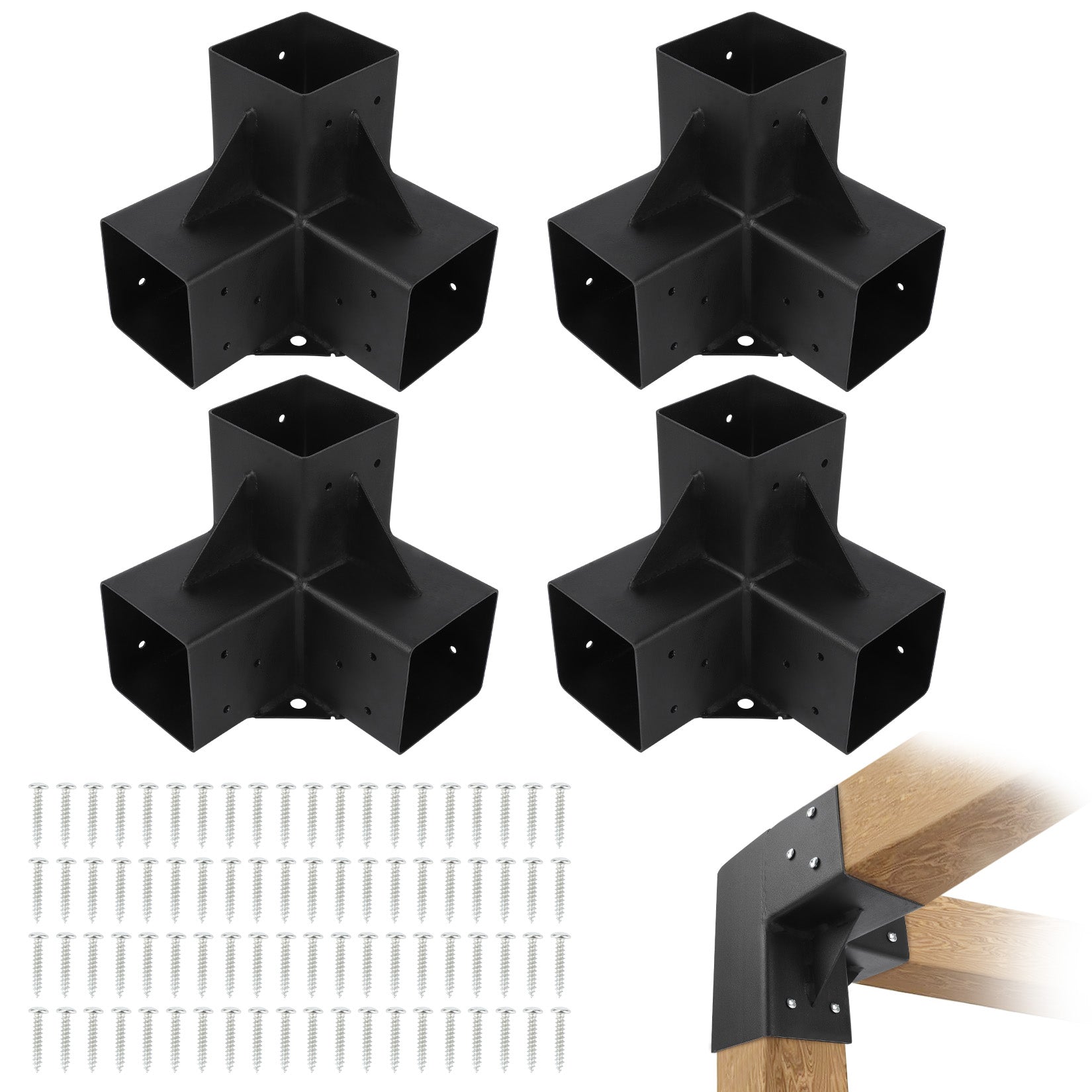 Garvee 4PC Heavy Duty 3-Way Steel Pergola Brackets Kit for 6"x6" Lumber (Inner 5.6"x5.6") - Corner Brackets for Gazebo, Patio Pergolas, Black