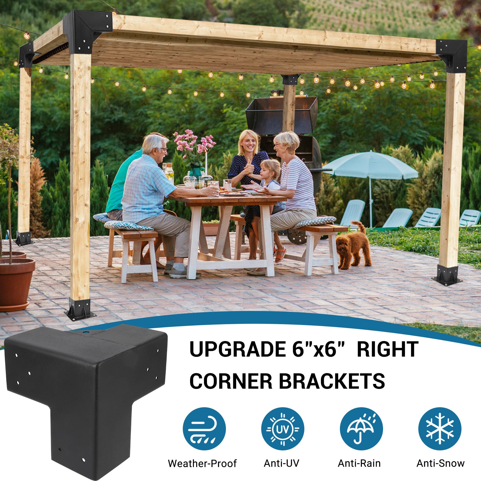 Garvee 4PC Heavy Duty 3-Way Steel Pergola Brackets Kit for 6"x6" Lumber (Inner 5.6"x5.6") - Corner Brackets for Gazebo, Patio Pergolas, Black