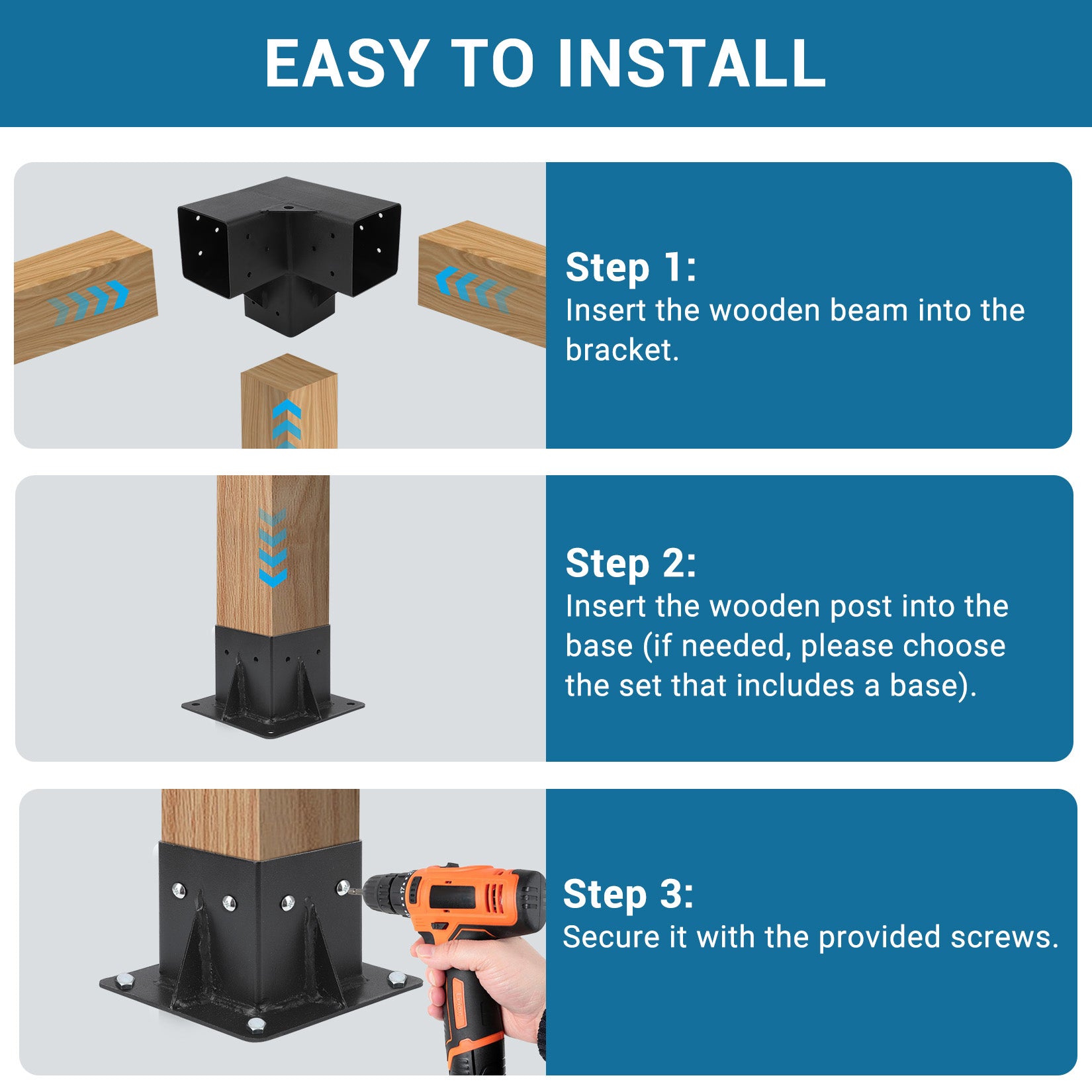 Garvee 4PC Heavy Duty 3-Way Steel Pergola Brackets Kit for 6"x6" Lumber (Inner 5.6"x5.6") - Corner Brackets for Gazebo, Patio Pergolas, Black