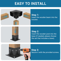 Garvee 4PC Heavy Duty 3-Way Steel Pergola Brackets Kit for 6"x6" Lumber (Inner 5.6"x5.6") - Corner Brackets for Gazebo, Patio Pergolas, Black