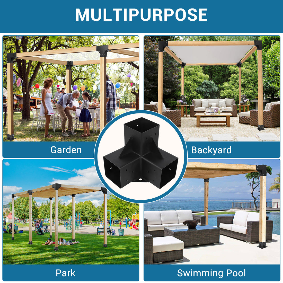 Garvee 4PC Heavy Duty 3-Way Steel Pergola Brackets Kit for 6"x6" Lumber (Inner 5.6"x5.6") - Corner Brackets for Gazebo, Patio Pergolas, Black
