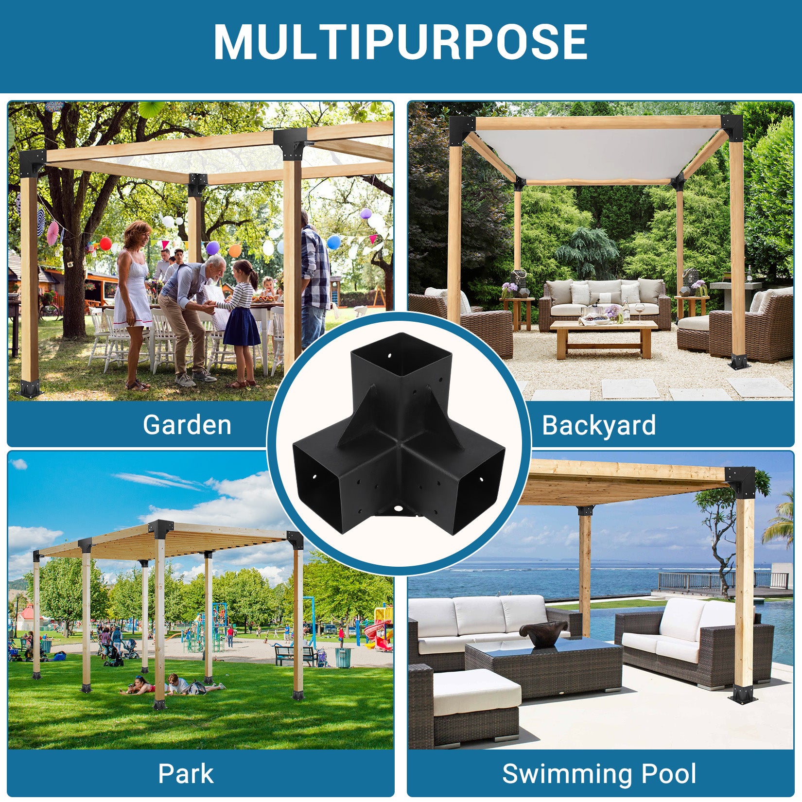 Garvee 4PC Heavy Duty 3-Way Steel Pergola Brackets Kit for 6"x6" Lumber (Inner 5.6"x5.6") - Corner Brackets for Gazebo, Patio Pergolas, Black