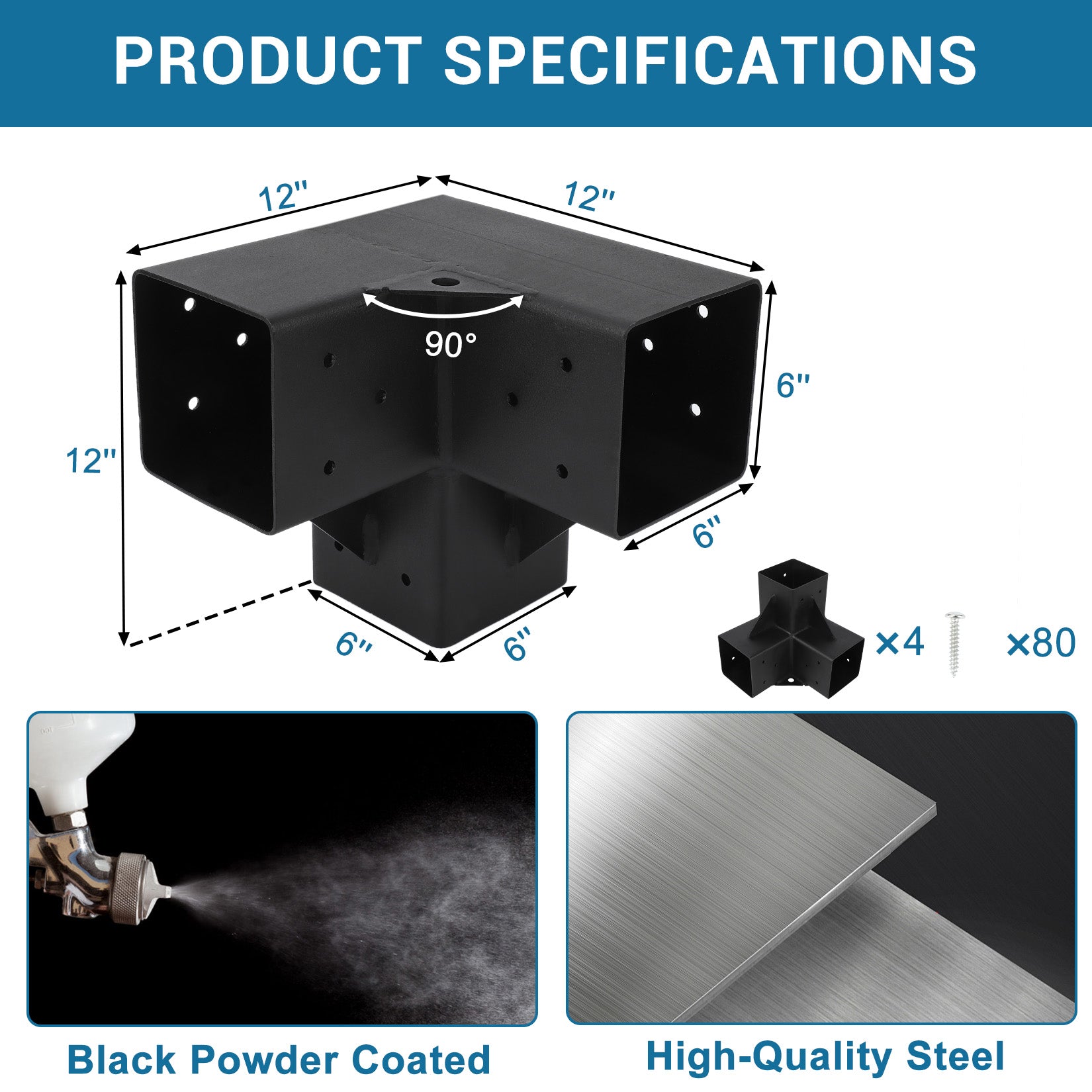 Garvee 4PC Heavy Duty 3-Way Steel Pergola Brackets Kit for 6"x6" Lumber (Inner 5.6"x5.6") - Corner Brackets for Gazebo, Patio Pergolas, Black