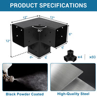 Garvee 4PC Heavy Duty 3-Way Steel Pergola Brackets Kit for 6"x6" Lumber (Inner 5.6"x5.6") - Corner Brackets for Gazebo, Patio Pergolas, Black