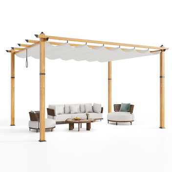 Garvee 10′ X 13′ Wood-Grain Aluminum Pergola with Retractable Canopy UV50+ Sun Protection for Backyard Patio Porch Grape Trellis,Beige
