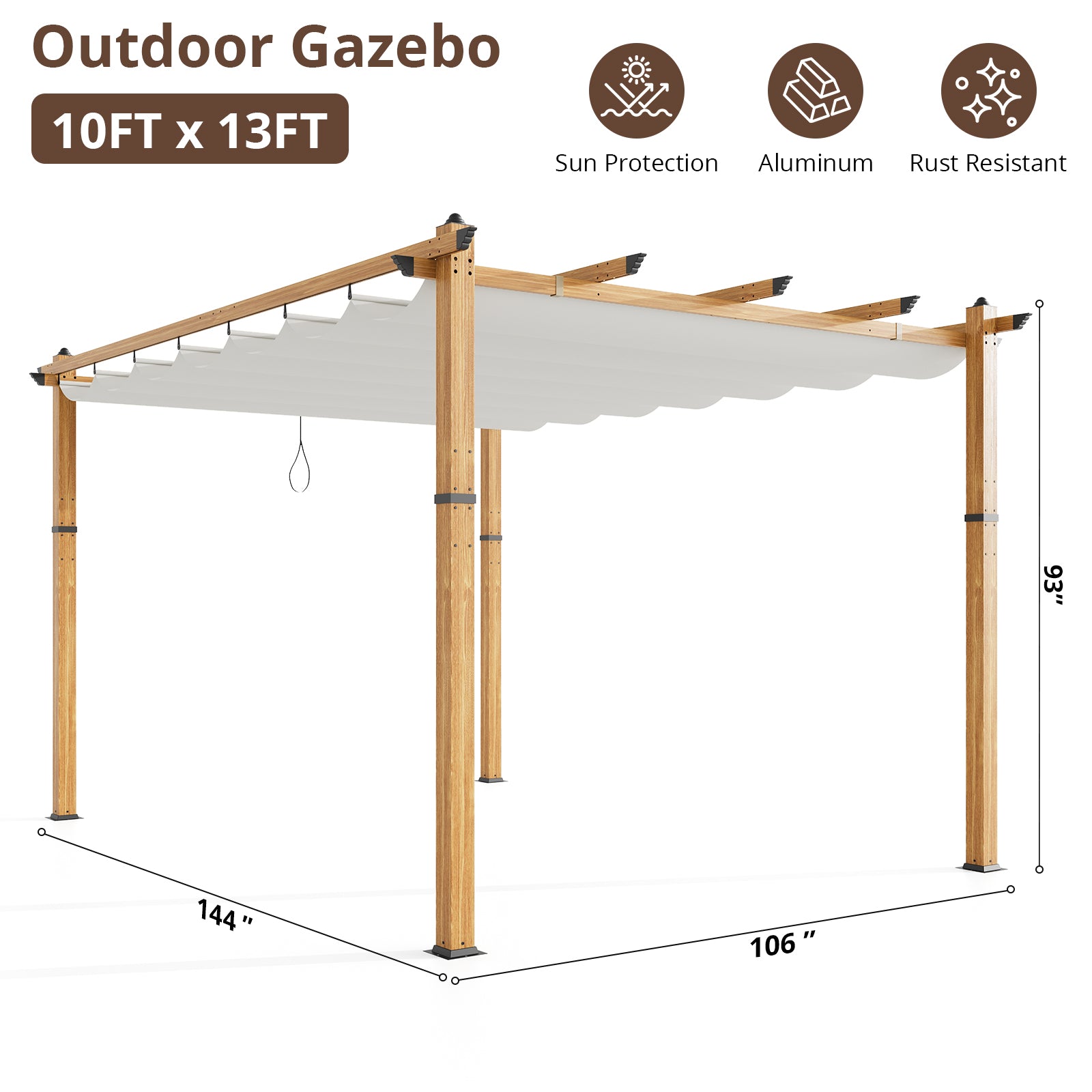 Garvee 10′ X 13′ Wood-Grain Aluminum Pergola with Retractable Canopy UV50+ Sun Protection for Backyard Patio Porch Grape Trellis,Beige