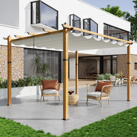 Garvee 10′ X 13′ Wood-Grain Aluminum Pergola with Retractable Canopy UV50+ Sun Protection for Backyard Patio Porch Grape Trellis,Beige