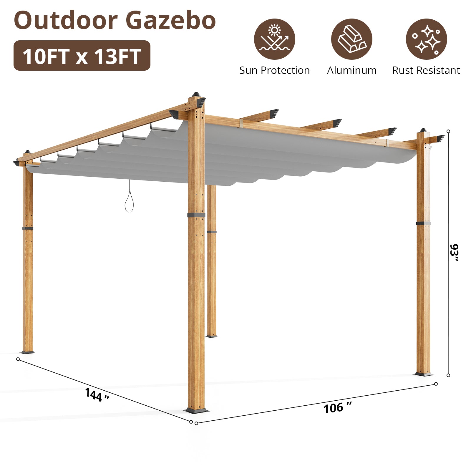 Garvee 10′ X 13′ Wood-Grain Aluminum Pergola with Retractable Canopy UV50+ Sun Protection for Backyard Patio Porch Grape Trellis,Grey