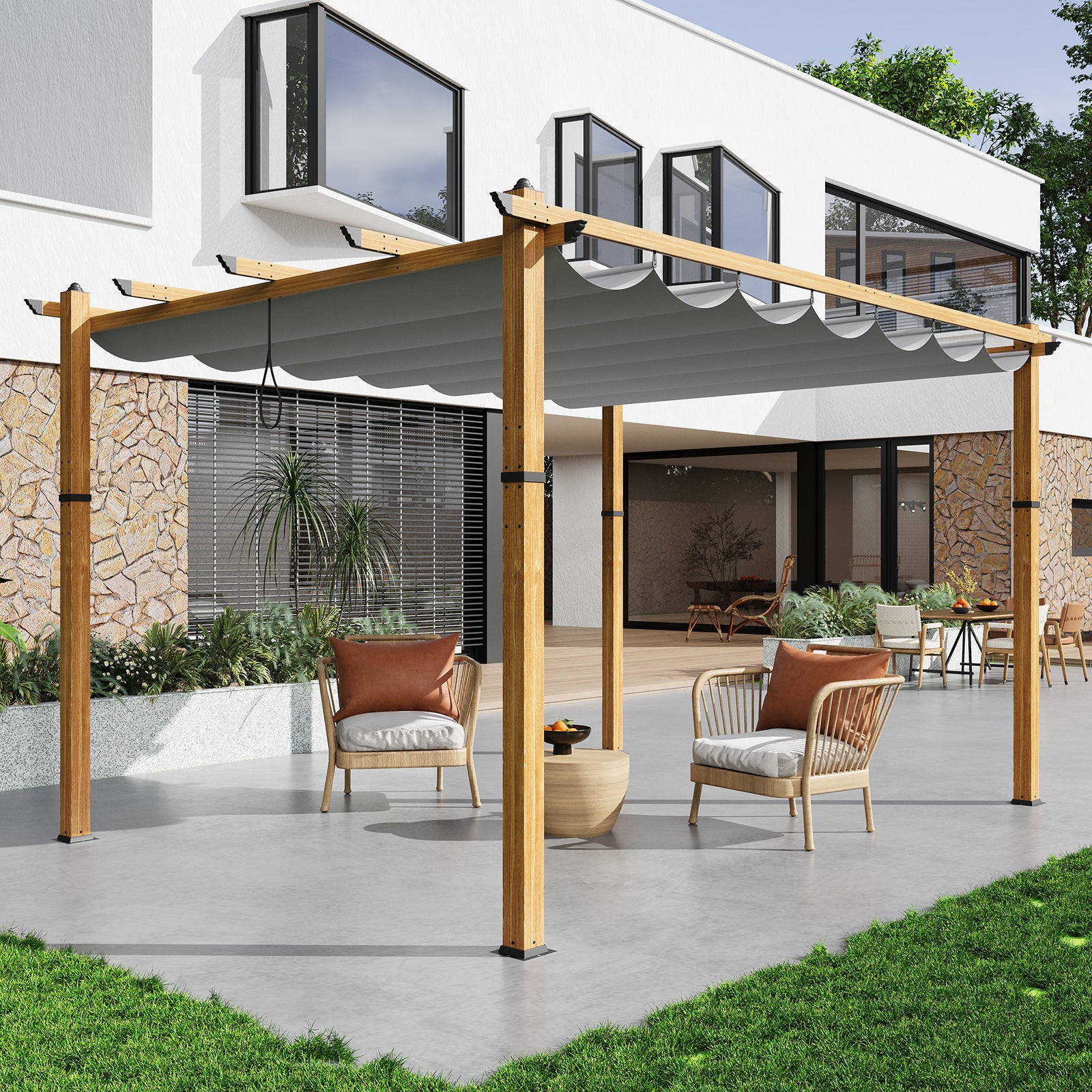 Garvee 10′ X 13′ Wood-Grain Aluminum Pergola with Retractable Canopy UV50+ Sun Protection for Backyard Patio Porch Grape Trellis,Grey