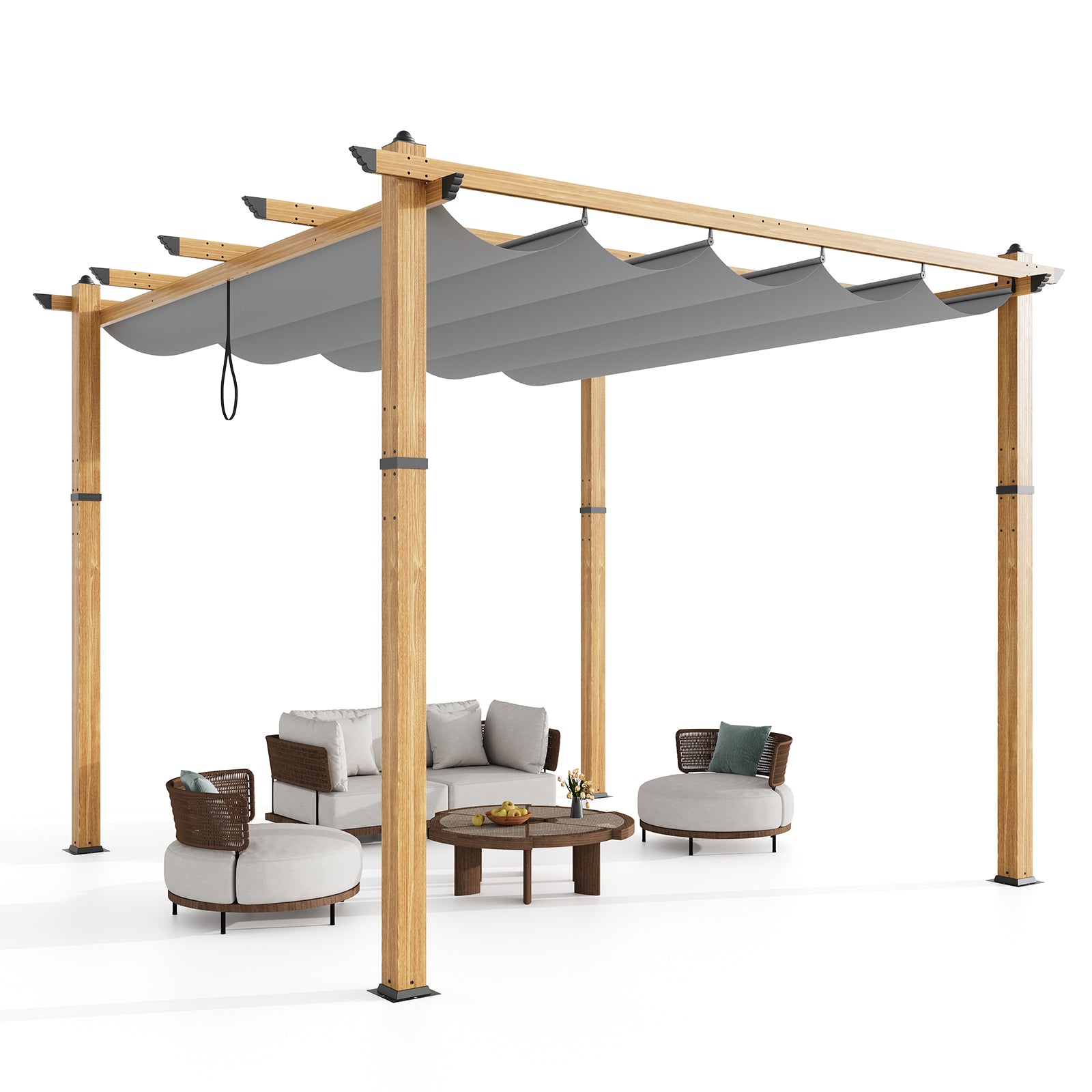 Garvee 10′ X 10′ Wood-Grain Aluminum Pergola with Retractable Canopy UV50+ Sun Protection for Backyard Patio Porch Grape Trellis,Grey