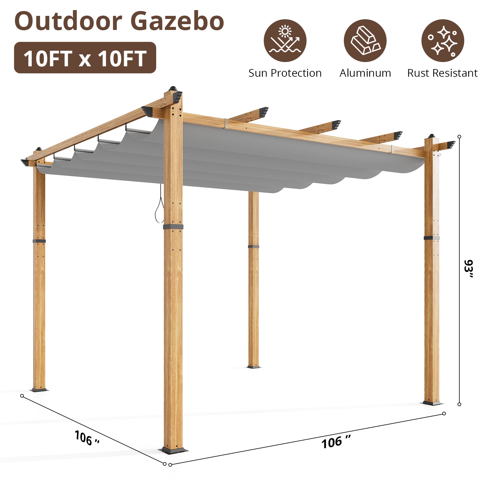 Garvee 10′ X 10′ Wood-Grain Aluminum Pergola with Retractable Canopy UV50+ Sun Protection for Backyard Patio Porch Grape Trellis,Grey