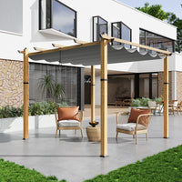 Garvee 10′ X 10′ Wood-Grain Aluminum Pergola with Retractable Canopy UV50+ Sun Protection for Backyard Patio Porch Grape Trellis,Grey