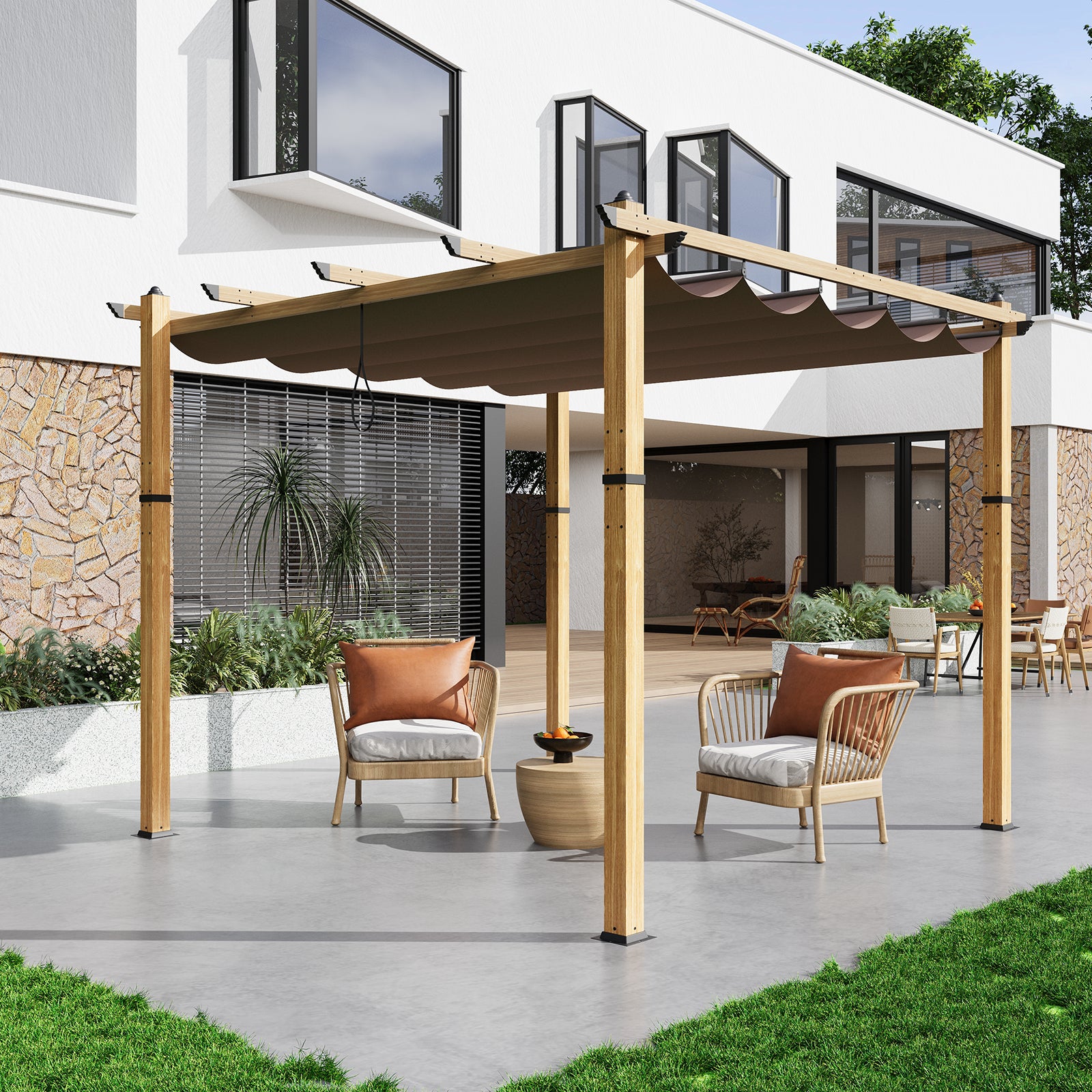 wood trellis canopy Garvee 10?? X 10?? Wood-Grain Aluminum Pergola with Retractable Canopy for Backyard Patio Porch Grape Trellis,Khaki