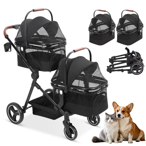 double pet stroller side by side Garvee Double Pet Stroller with 2 Detachable Carriers, 4 Wheels Dog Stroller for 2 Dogs or Cats, Puppy Stroller with Storage Basket, 360-Degree Front
