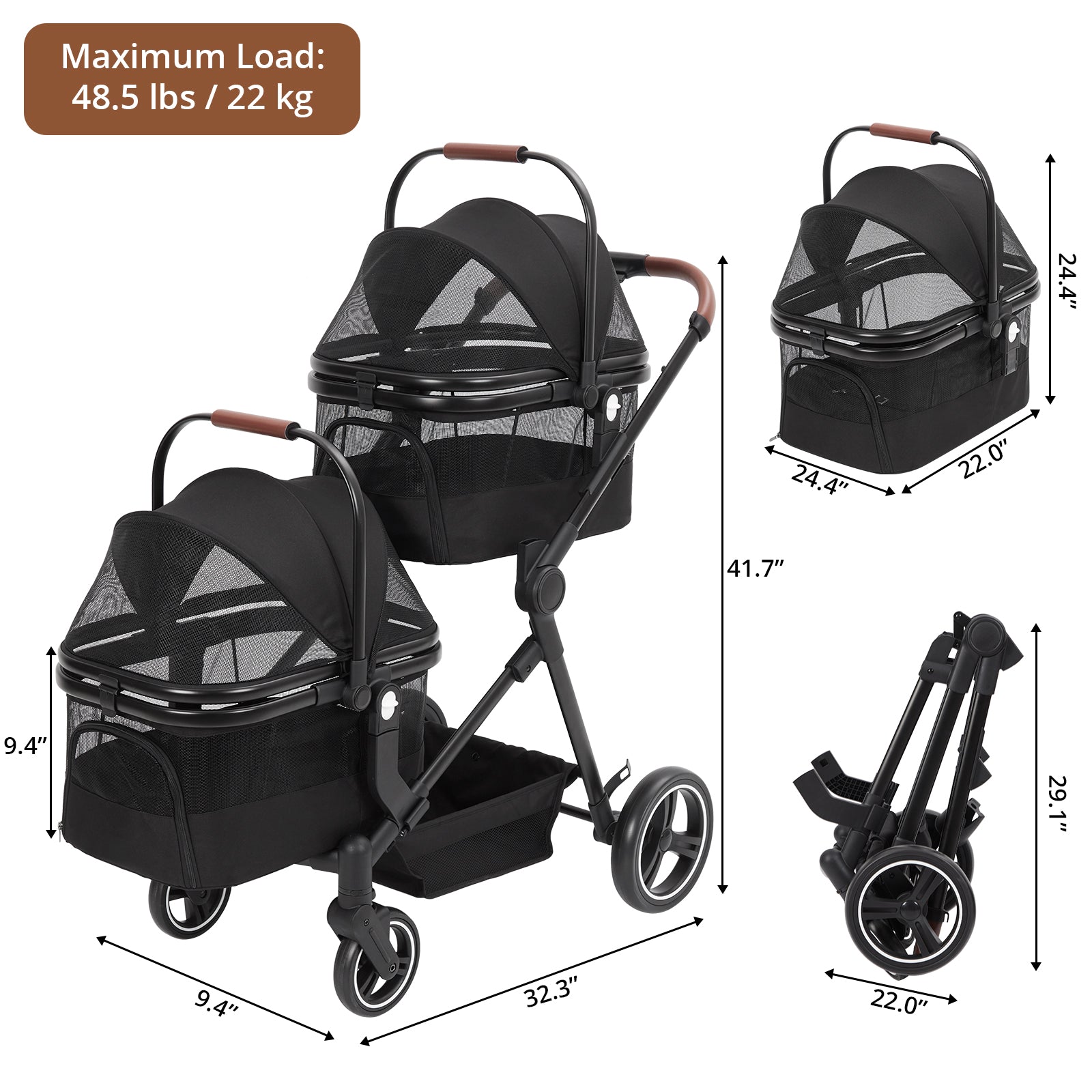 Garvee Double Pet Stroller with 2 Detachable Carriers, 4 Wheels Dog St