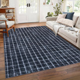 Garvee 5x7 Area Rugs Non-Slip Washable Low-Pile Carpet Checkered Braided Geometric Print Blue for Living Room Bedroom Nursery Kitchen Dining Indoor Use - Blue