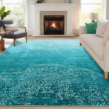 Garvee Large Rug 9x12 Washable Area Rug Living Room Rug Distressed Medallion Rug, Ombre Rug, Stain Resistant Soft Rug Non Slip, Decorative Green Rug for Bedroom, Office - Teal