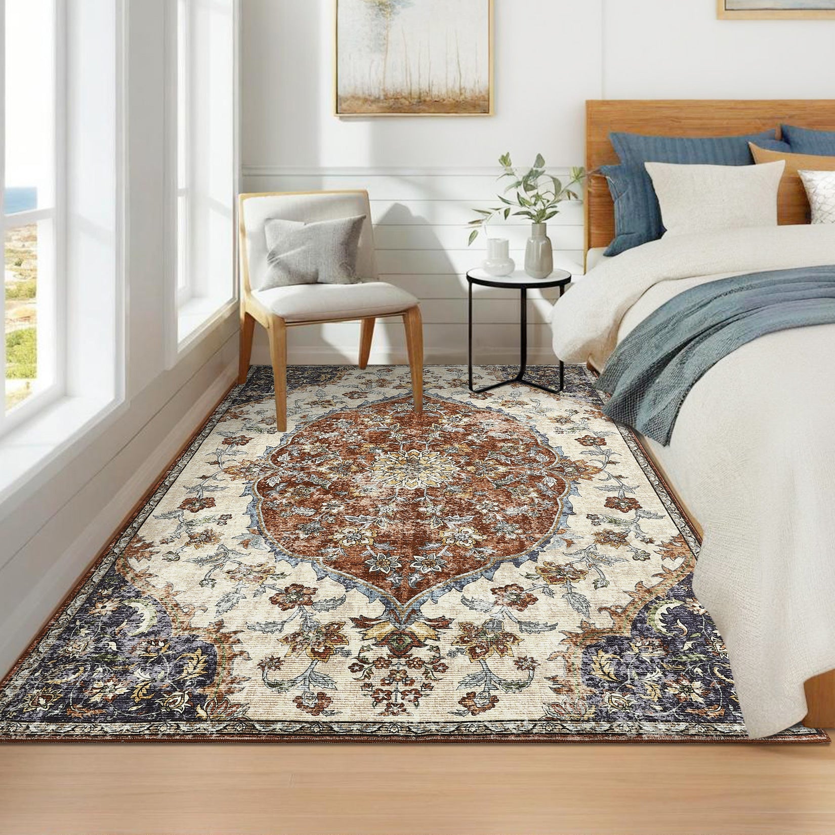 Garvee Vintage Washable Bedroom Rug - Soft Accent Rugs for Living Room, Non-Slip Non-Shedding Low-Pile Entryway Rug, Soft Print Pattern Indoor Rug