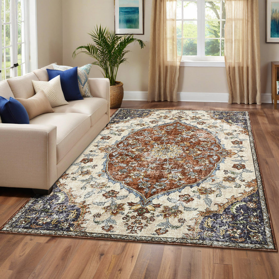 Garvee Vintage Washable Bedroom Rug - Soft Accent Rugs for Living Room, Non-Slip Non-Shedding Low-Pile Entryway Rug, Soft Print Pattern Indoor Rug