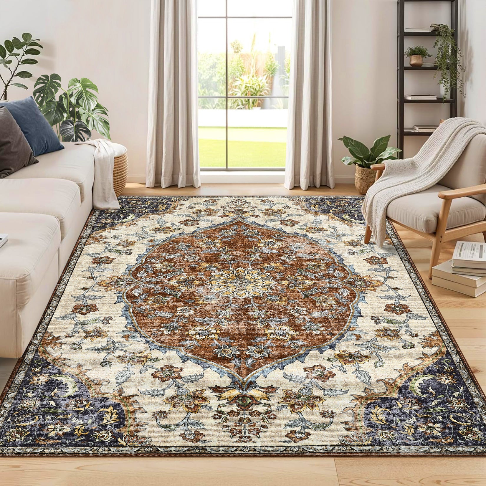 Garvee Vintage Washable Bedroom Rug - Soft Accent Rugs for Living Room, Non-Slip Non-Shedding Low-Pile Entryway Rug, Soft Print Pattern Indoor Rug