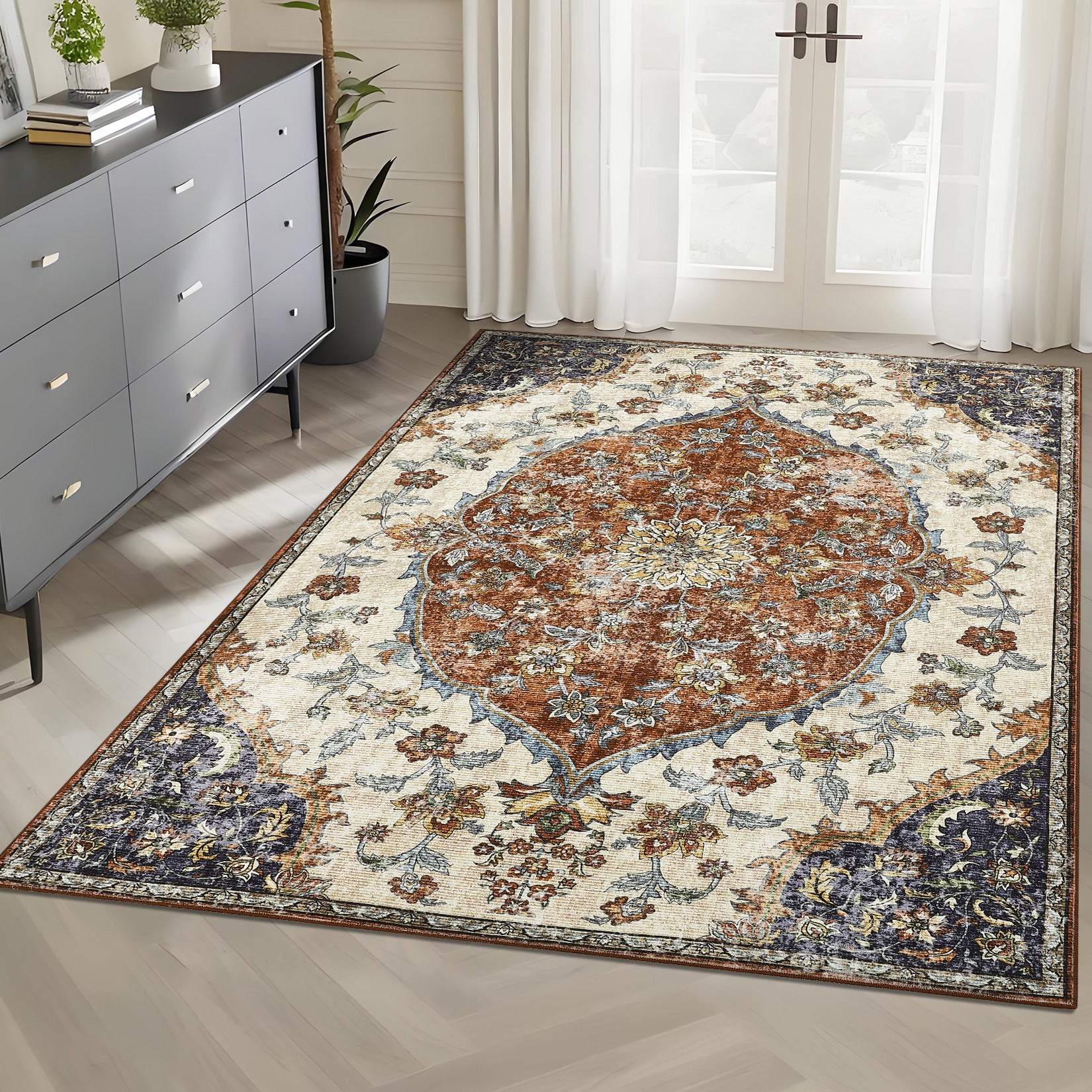 Garvee Vintage Washable Bedroom Rug - Soft Accent Rugs for Living Room, Non-Slip Non-Shedding Low-Pile Entryway Rug, Soft Print Pattern Indoor Rug