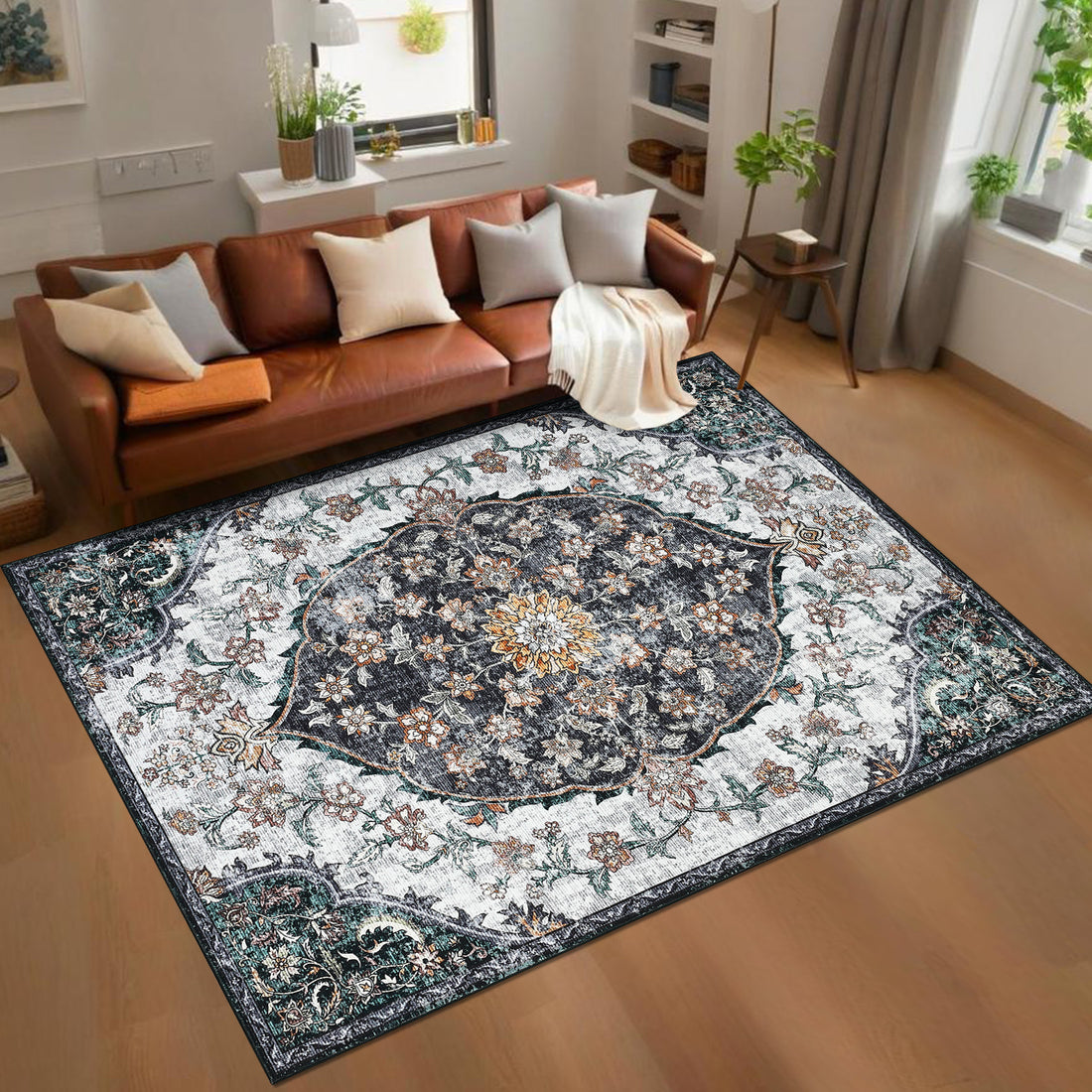Garvee Vintage Washable Bedroom Rug - Soft Accent Rugs for Living Room, Non-Slip Non-Shedding Low-Pile Entryway Rug, Soft Print Pattern Indoor Rug