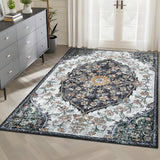 Garvee Vintage Washable Bedroom Rug - Soft Accent Rugs for Living Room, Non-Slip Non-Shedding Low-Pile Entryway Rug, Soft Print Pattern Indoor Rug - Black