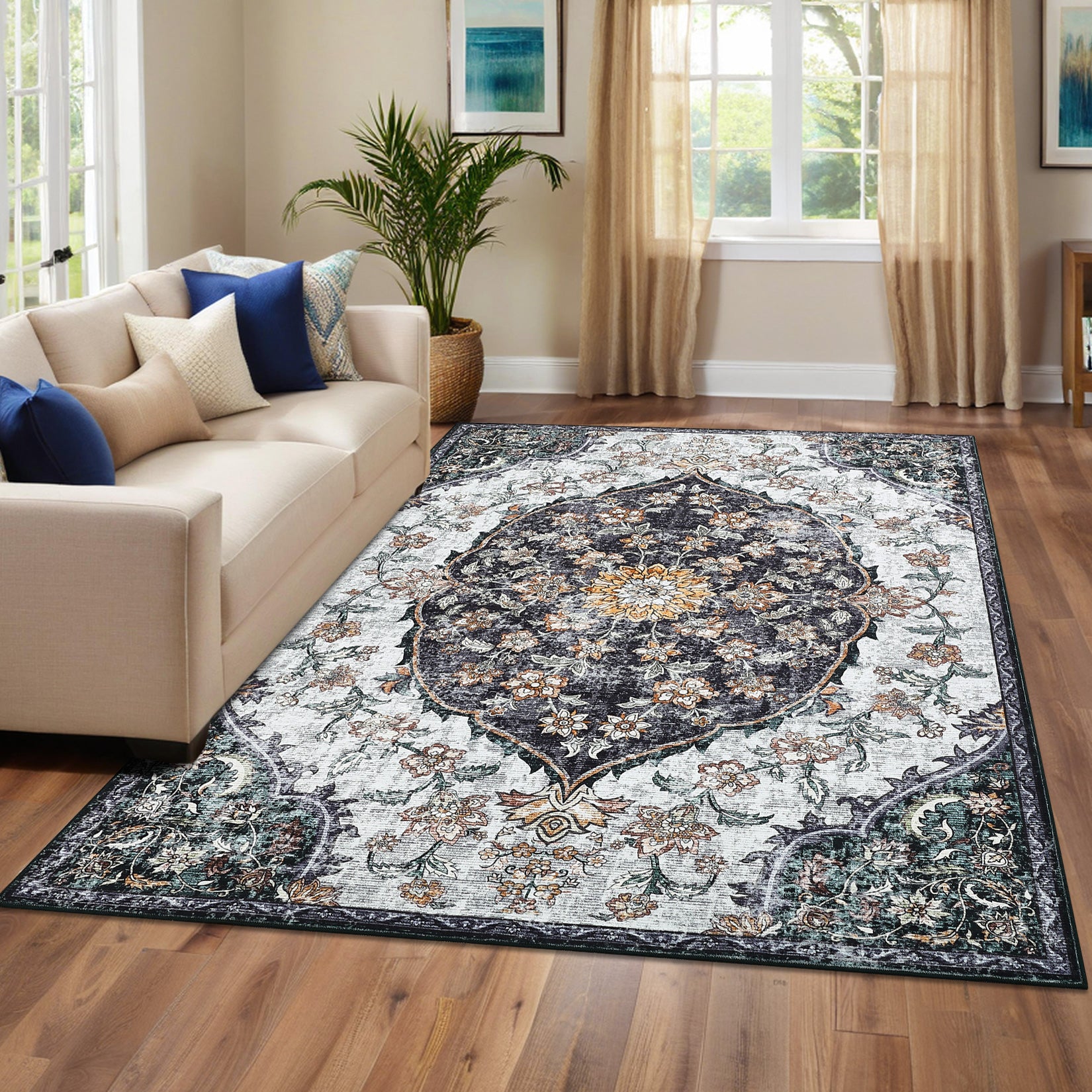 Garvee Vintage Washable Bedroom Rug - Soft Accent Rugs for Living Room, Non-Slip Non-Shedding Low-Pile Entryway Rug, Soft Print Pattern Indoor Rug