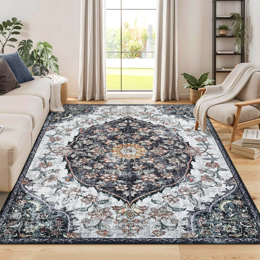 Garvee Vintage Washable Bedroom Rug - Soft Accent Rugs for Living Room, Non-Slip Non-Shedding Low-Pile Entryway Rug, Soft Print Pattern Indoor Rug