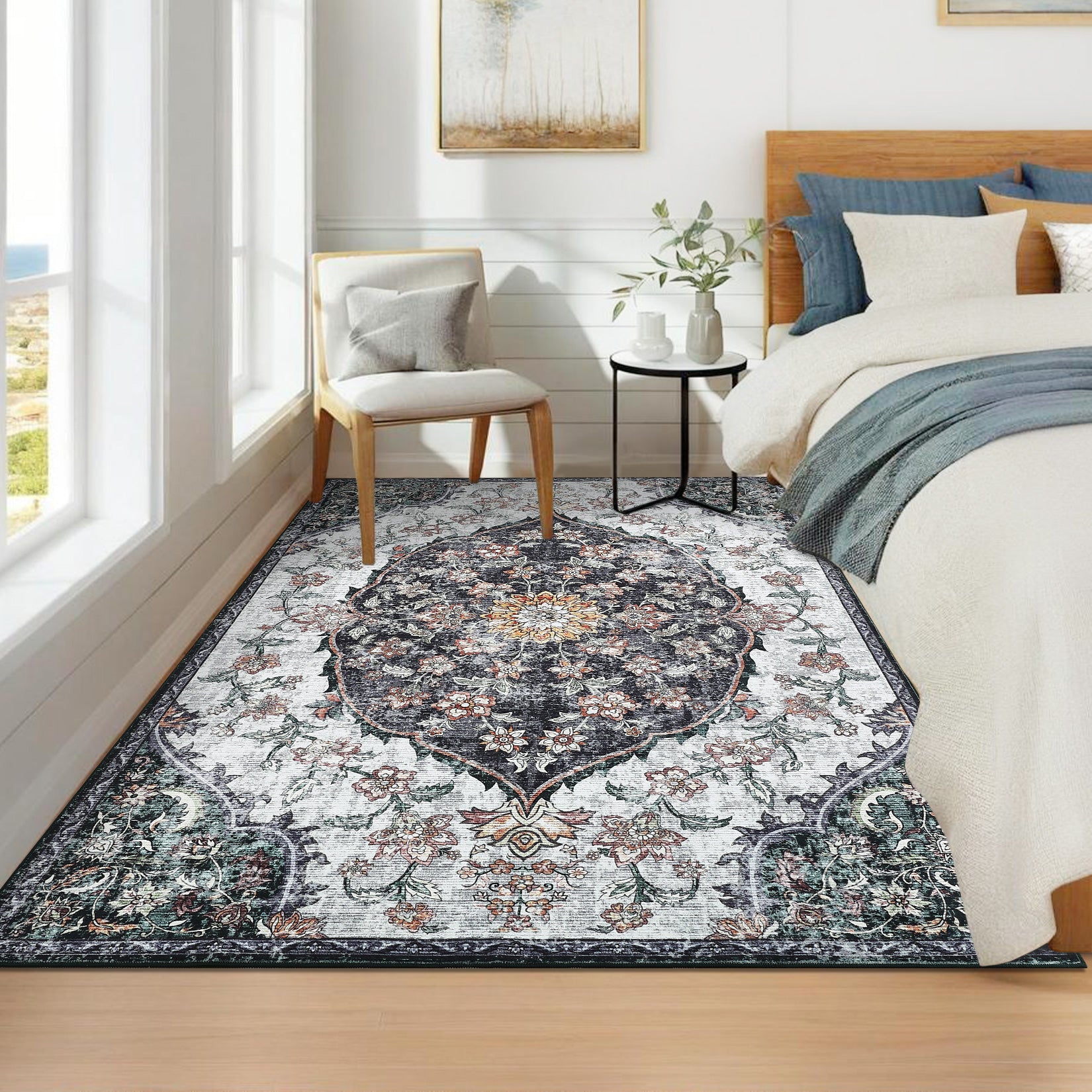 Garvee Vintage Washable Bedroom Rug - Soft Accent Rugs for Living Room, Non-Slip Non-Shedding Low-Pile Entryway Rug, Soft Print Pattern Indoor Rug