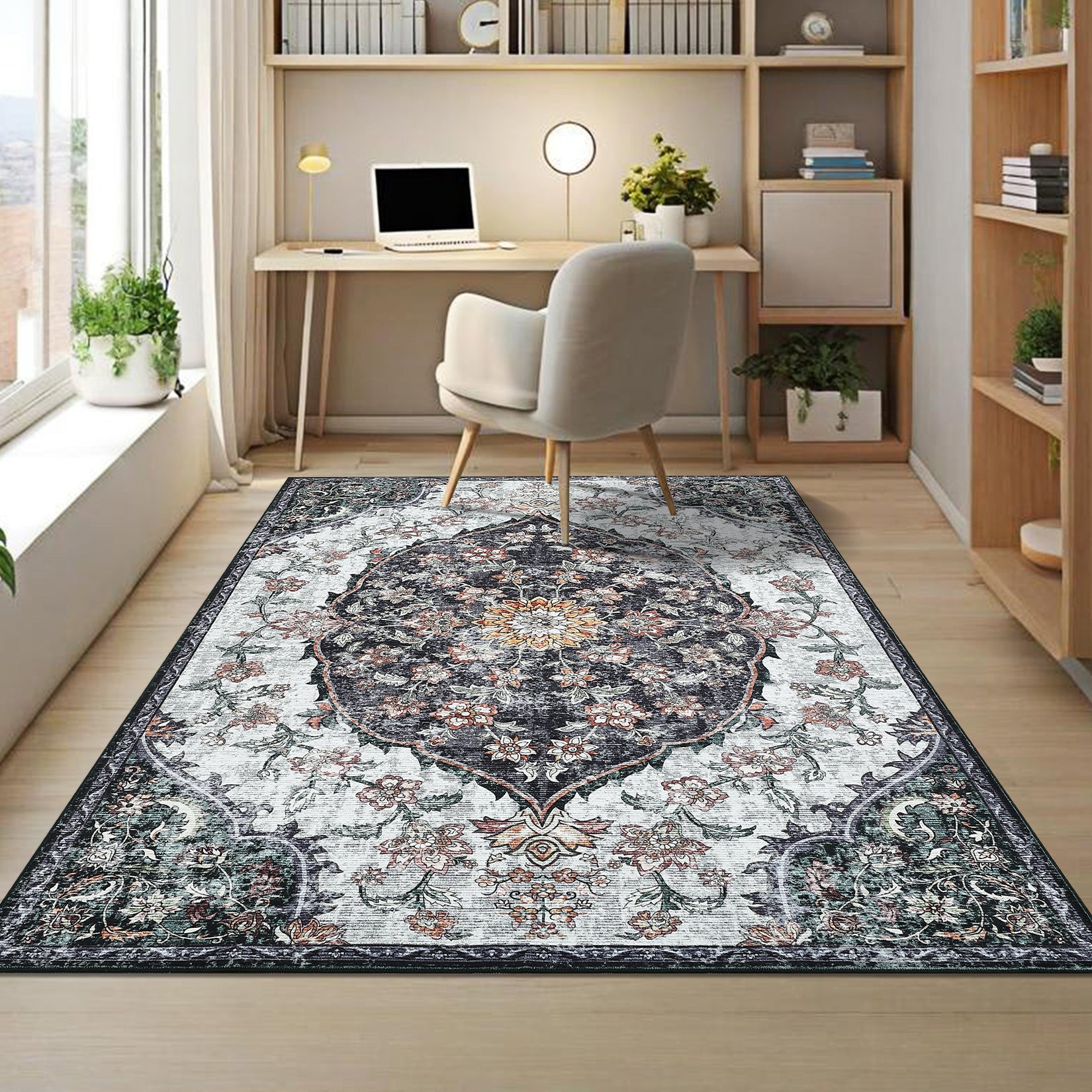Garvee Vintage Washable Bedroom Rug - Soft Accent Rugs for Living Room, Non-Slip Non-Shedding Low-Pile Entryway Rug, Soft Print Pattern Indoor Rug